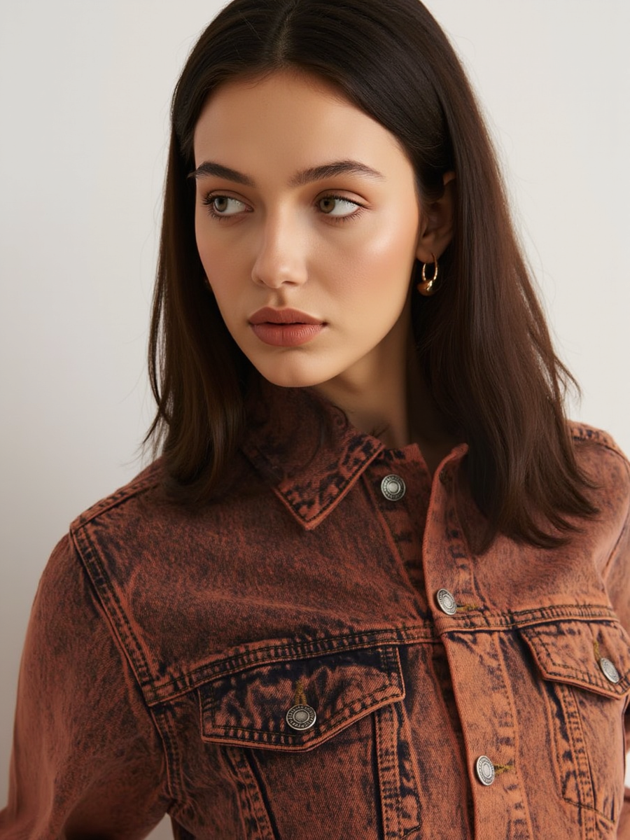 Washed Orange Effect Cropped Denim Jacket