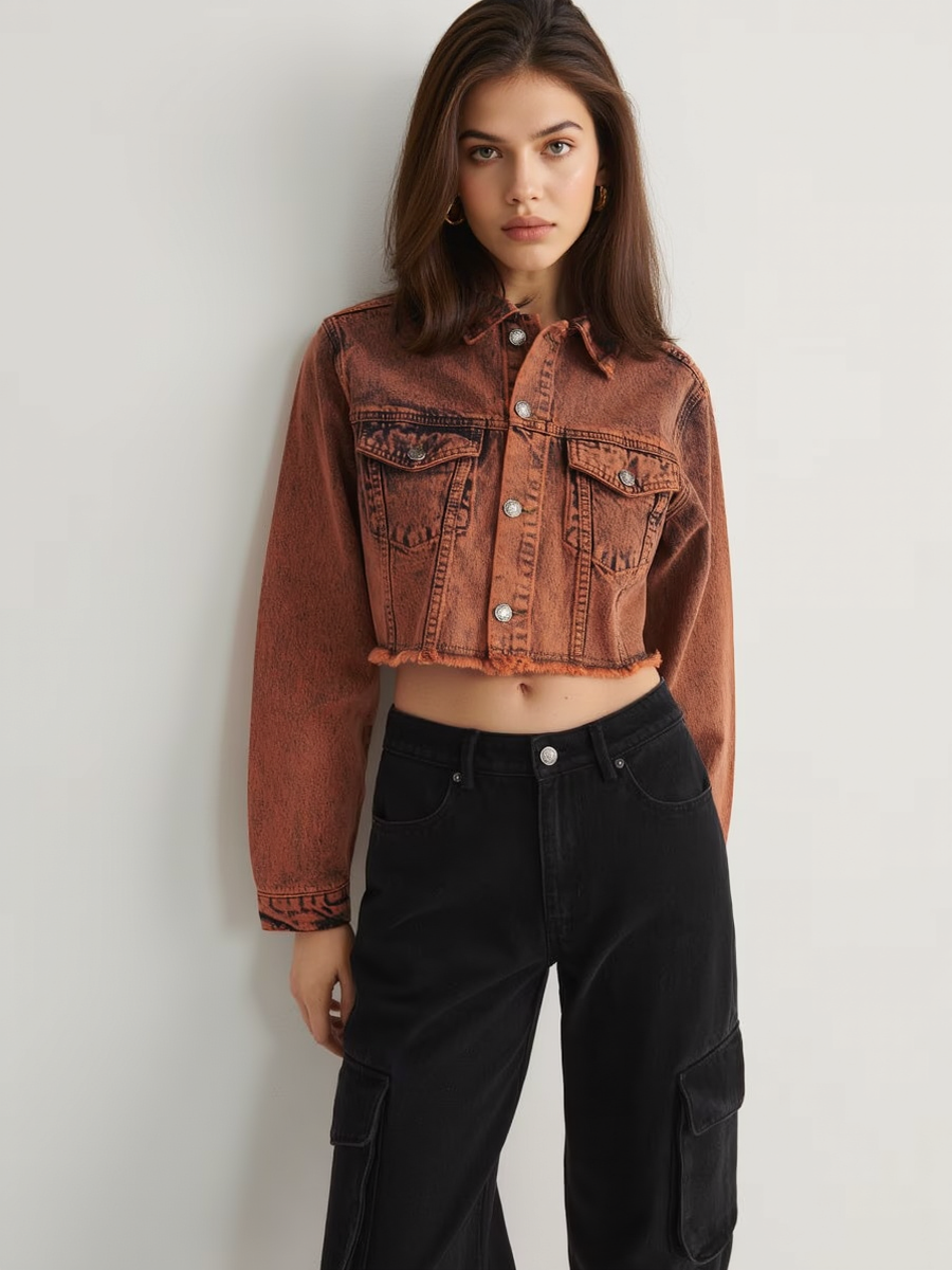 Washed Orange Effect Cropped Denim Jacket