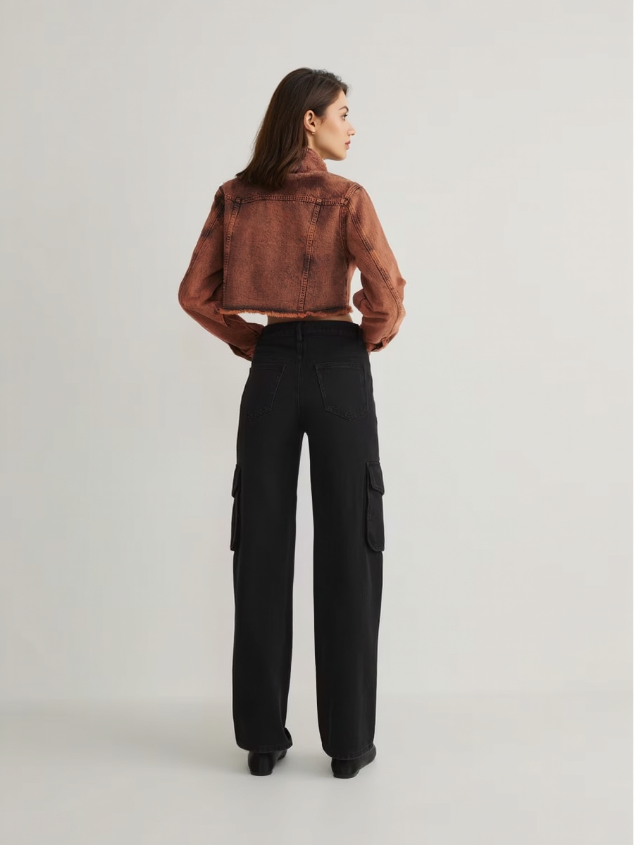 Washed Orange Effect Cropped Denim Jacket