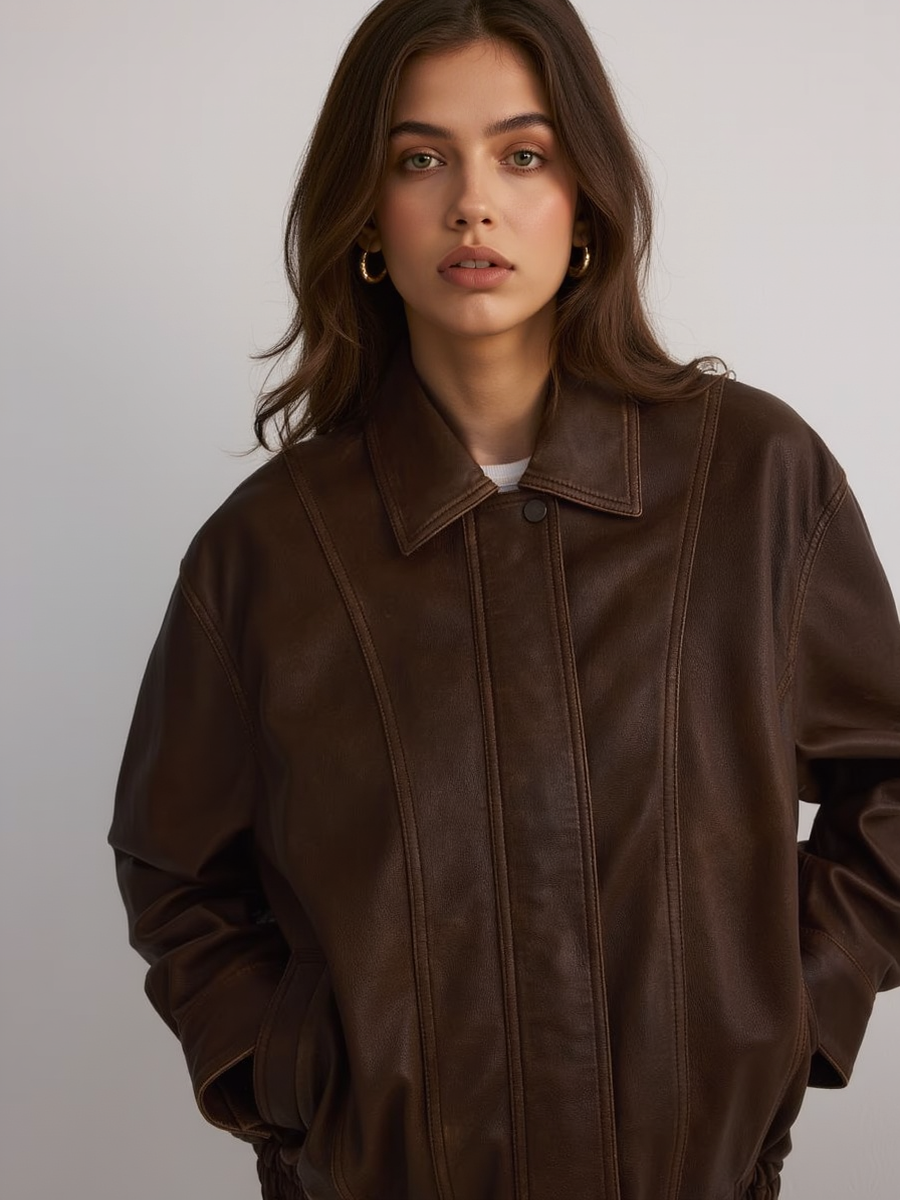 Vintage Brown Faux Leather Oversize Jacket