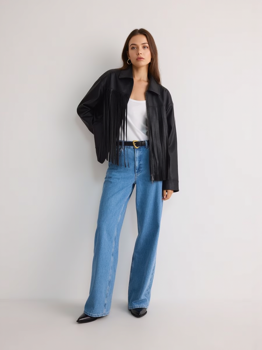 Fringed Faux Leather Double Zip Jacket