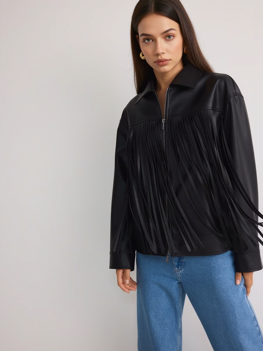 Fringed Faux Leather Double Zip Jacket