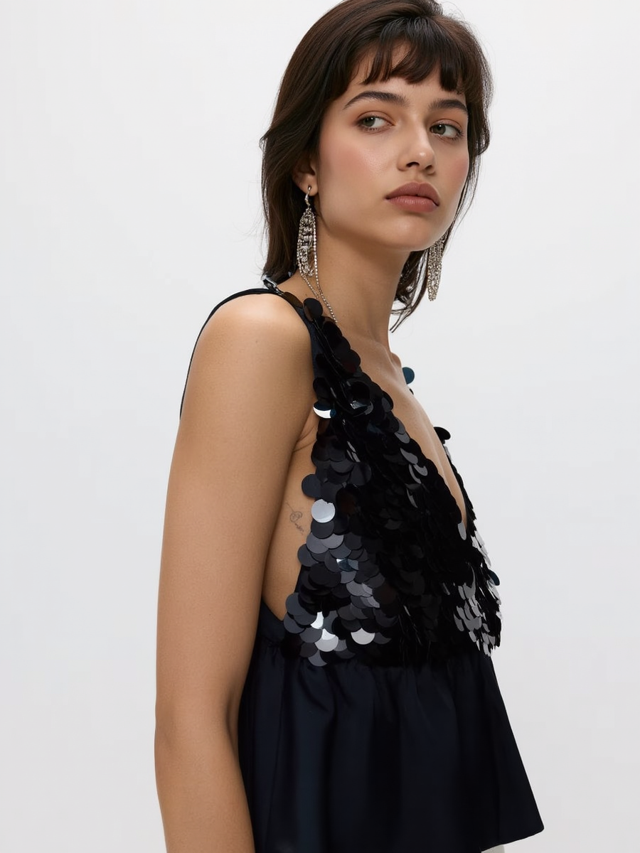 V-Neck Open Back Sequine Top