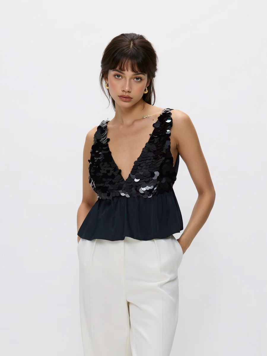 V-Neck Open Back Sequine Top