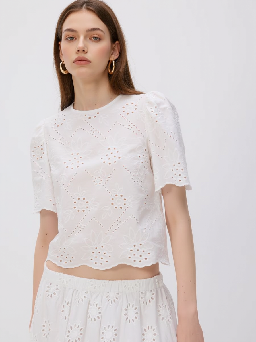 Puff Sleeve Openwork Blouse and Skirt Set