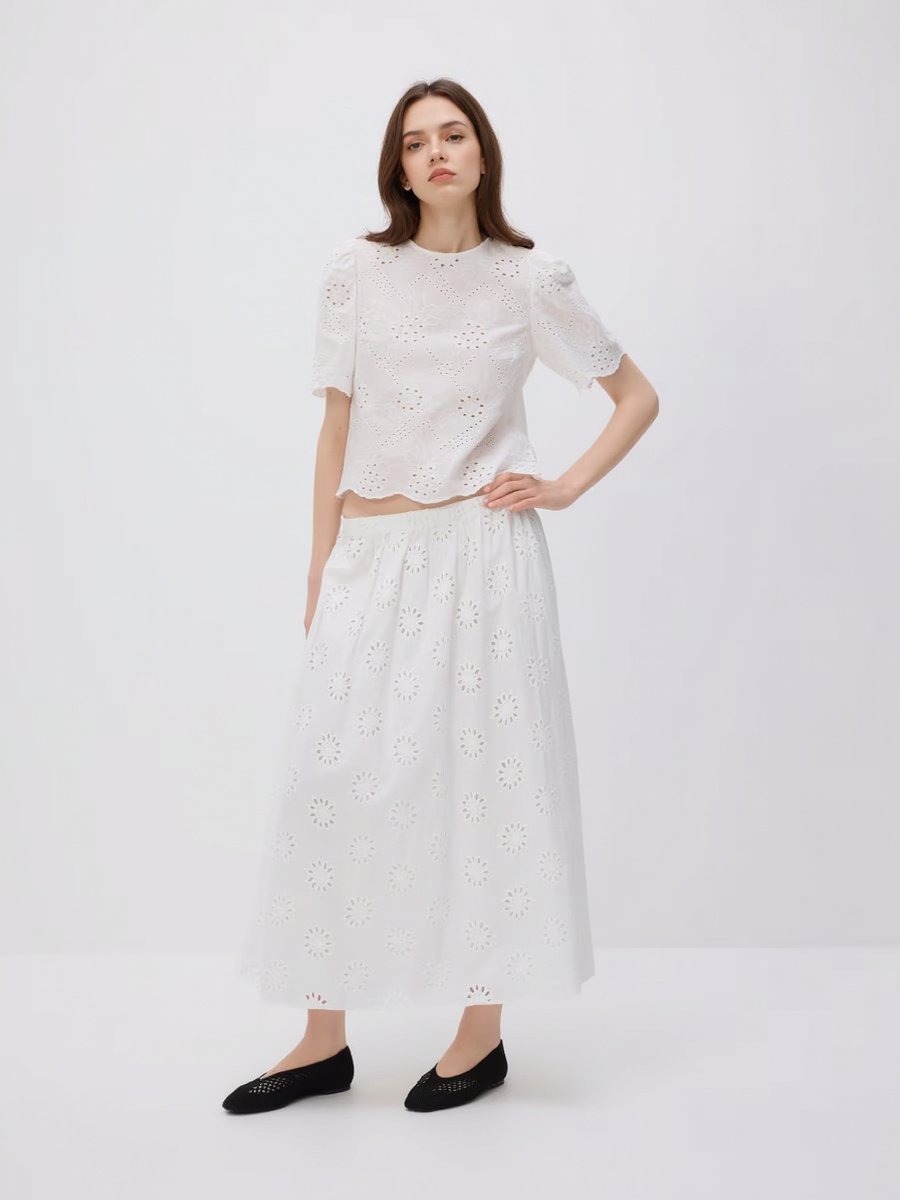 Puff Sleeve Openwork Blouse and Skirt Set