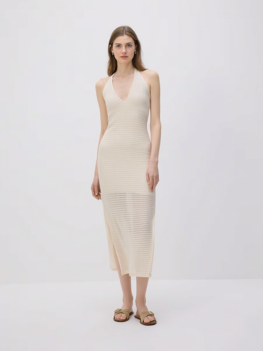 Premiue Halter Neck Knit Pattern Maxi Dress