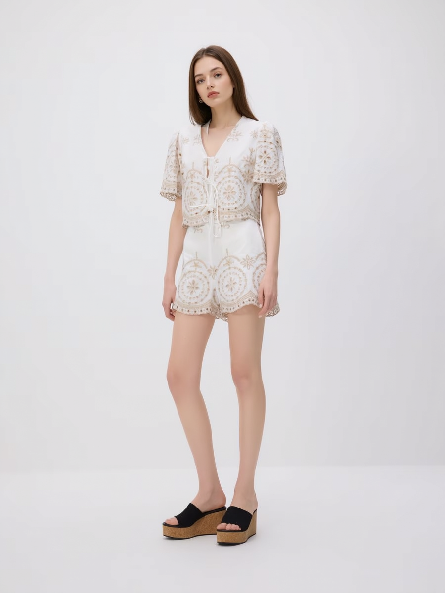 Vintage Embroidery Pattern Lace-Up Shirt and Shorts Set