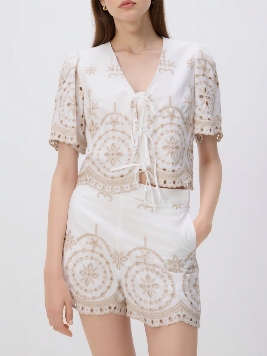 Vintage Embroidery Pattern Lace-Up Shirt and Shorts Set