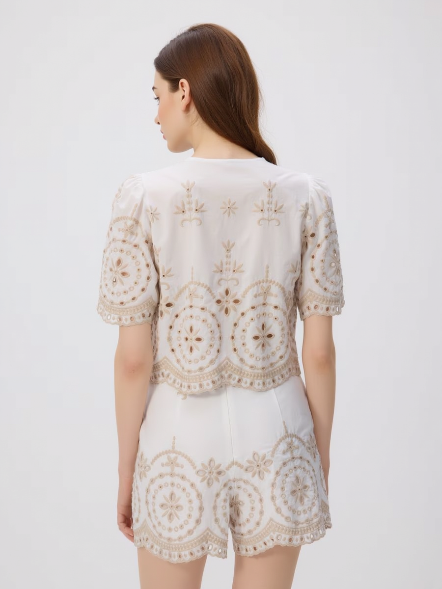 Vintage Embroidery Pattern Lace-Up Shirt and Shorts Set