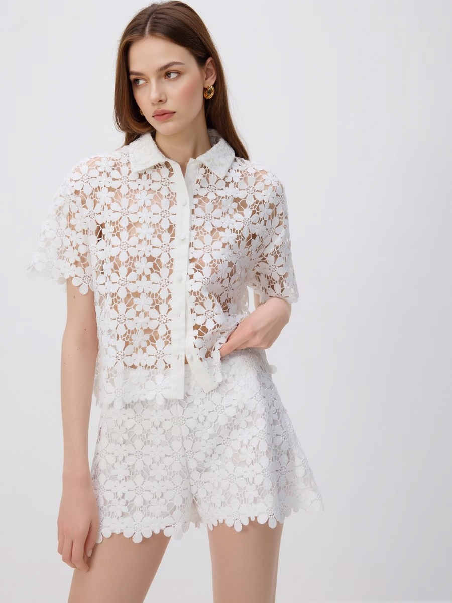 Openwork Floral Pattern Shirt And Shorts Set