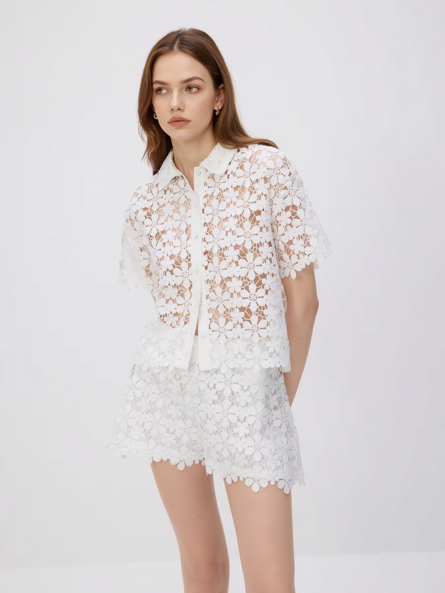 Openwork Floral Pattern Shirt And Shorts Set