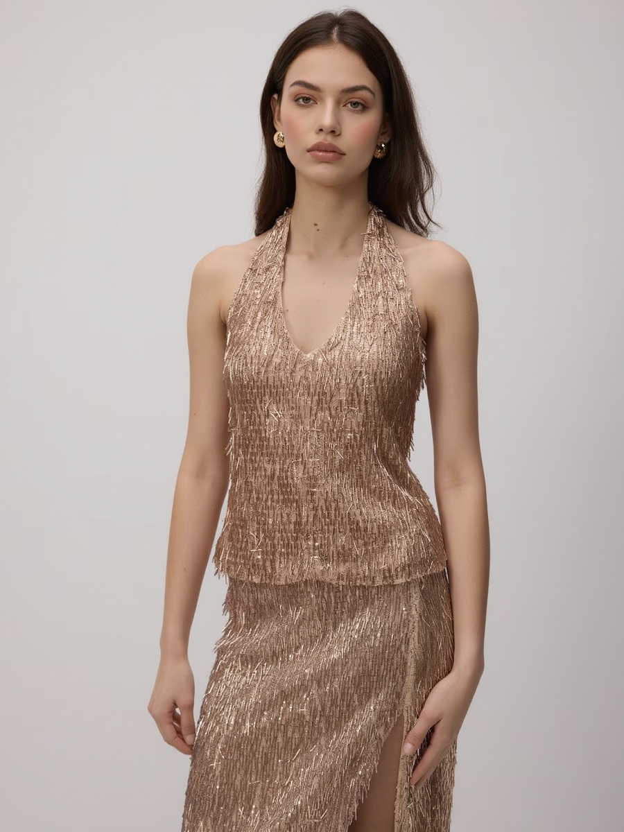 Halter Back Sequin Top and Skirt Set