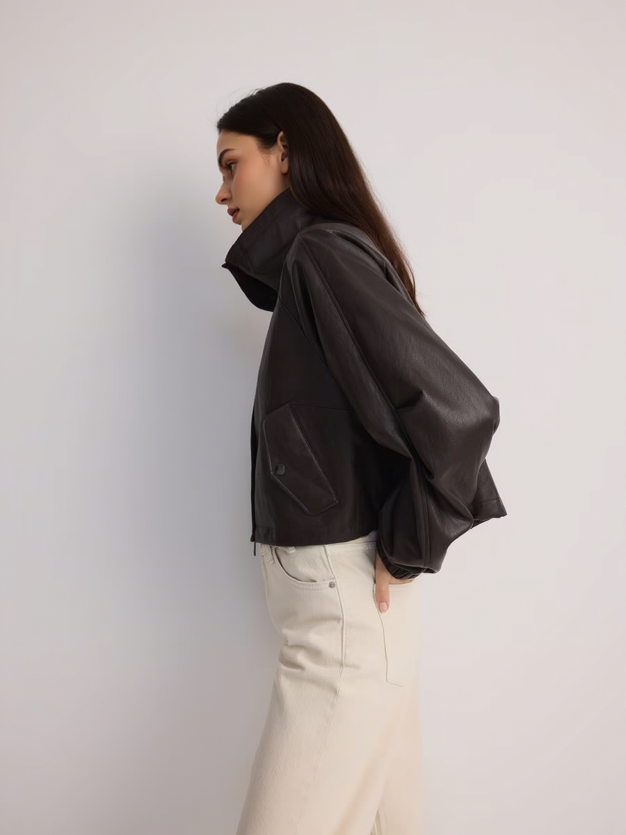 Faux Leather High Stand Collar Cropped Jacket