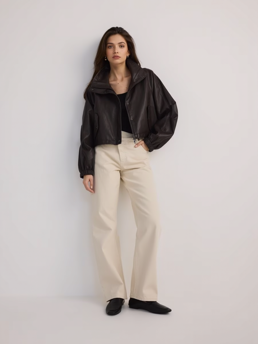 Faux Leather High Stand Collar Cropped Jacket