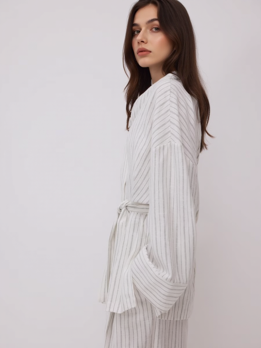 Linen Striped Belted Oversize Blazer