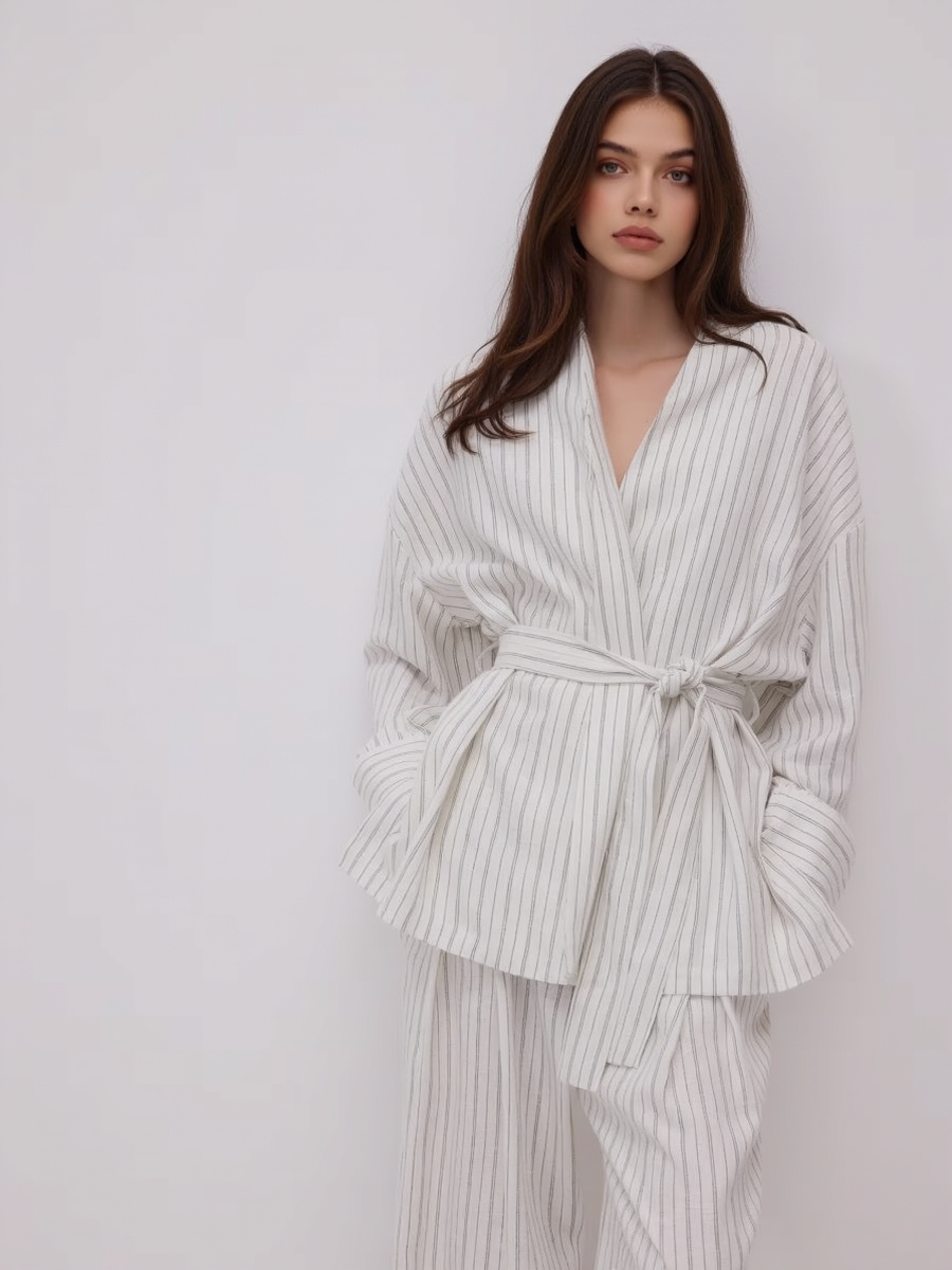 Linen Striped Belted Oversize Blazer