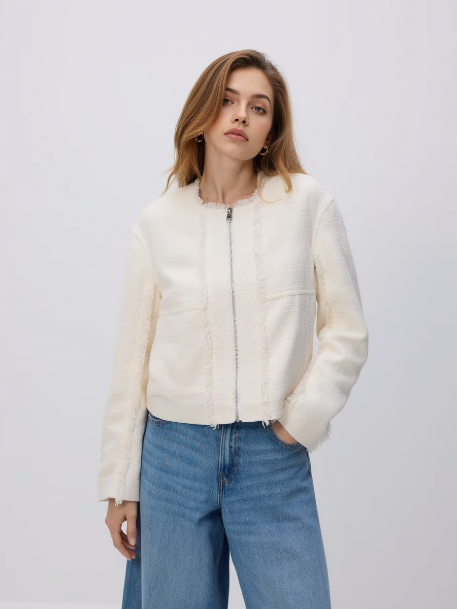 Wool Blend Tweed Zip-Up Jacket