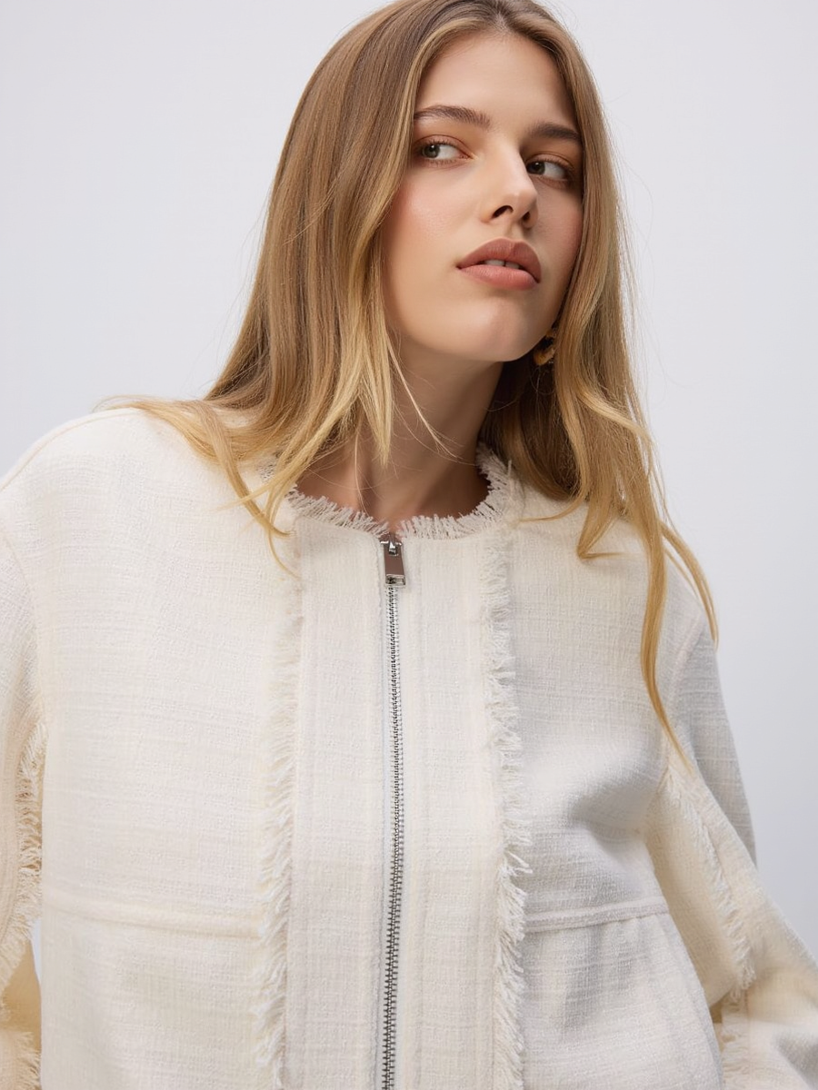 Wool Blend Tweed Zip-Up Jacket