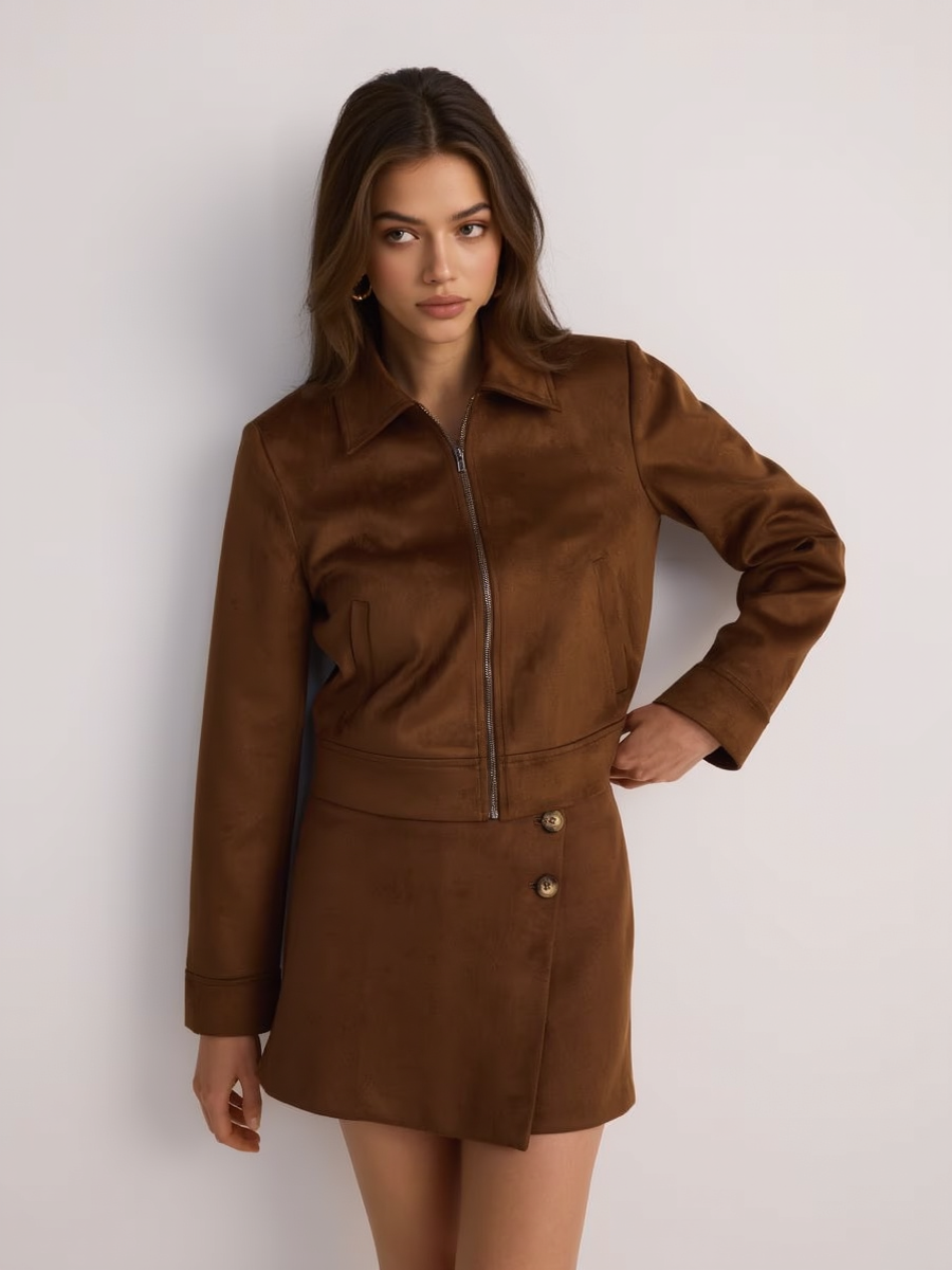 Suede Stand Collar Zipper Cropped Jacket