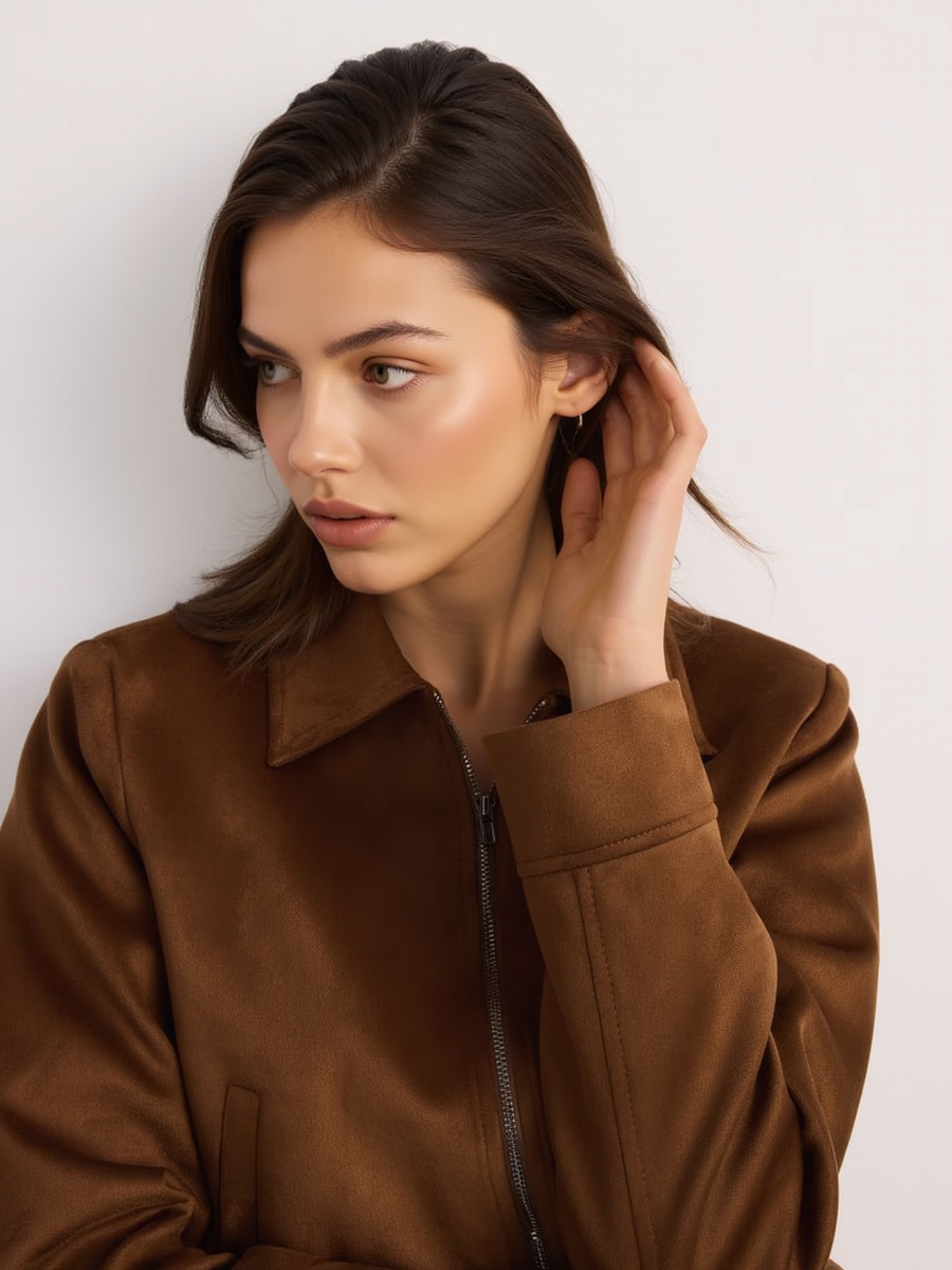 Suede Stand Collar Zipper Cropped Jacket