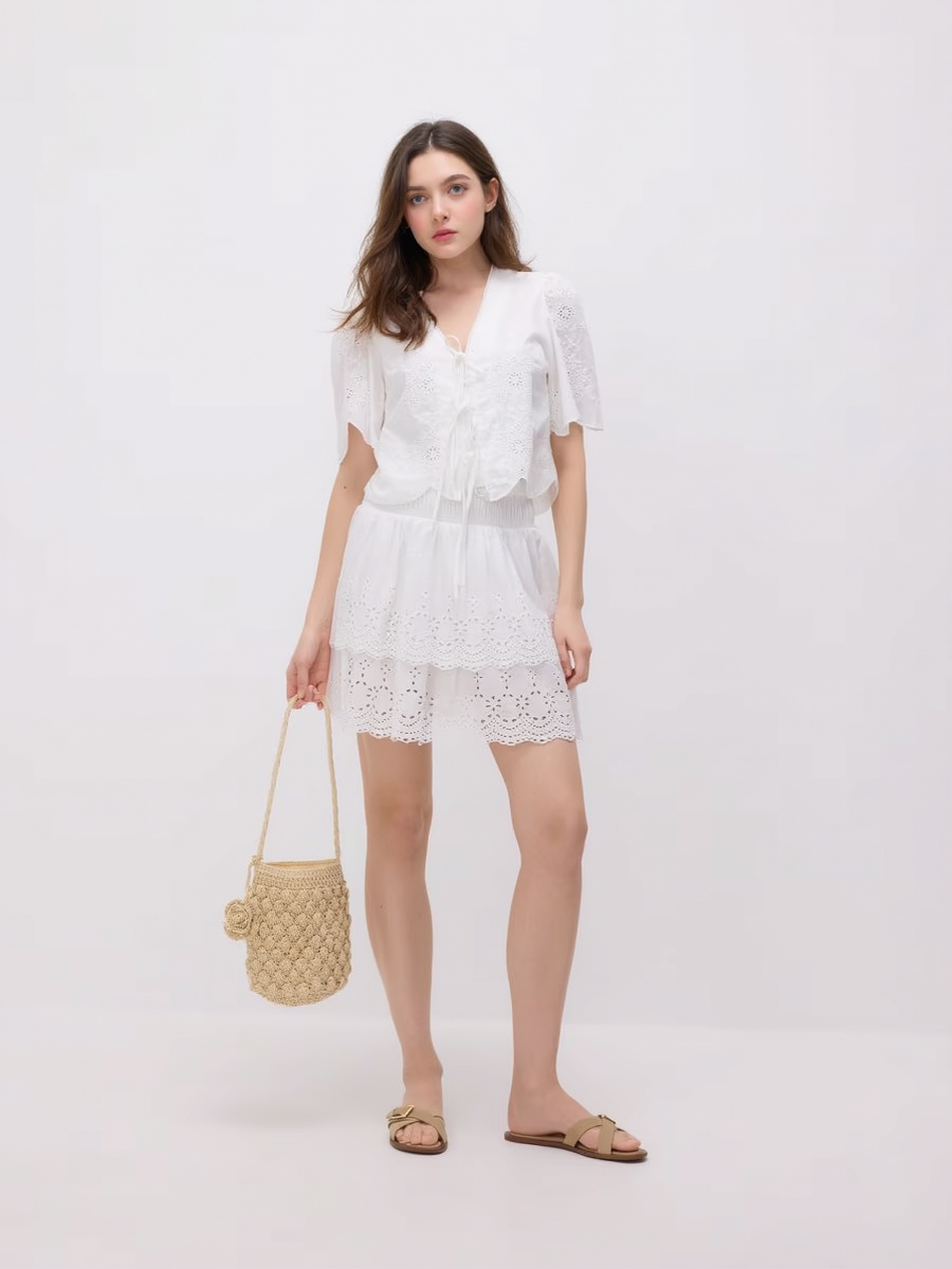 Openwork Embroidered Tie Top And Shorts Set