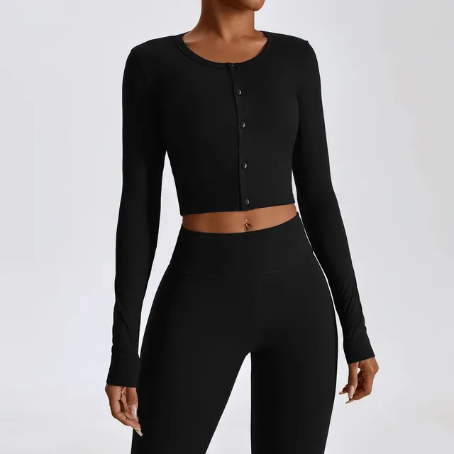 Button Long Sleeve Slim Tight Coat Quick Drying Sportwear Fitness Top