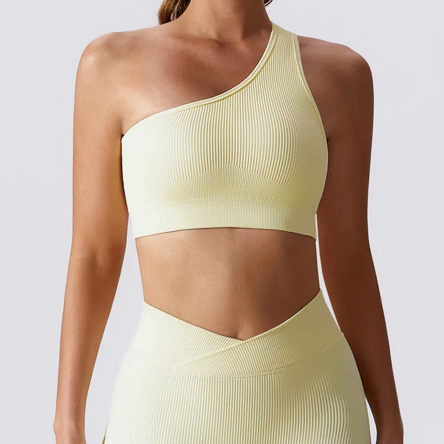 One Shoulder Ribbed  Hollow Out Open Back Yoga Top Sexy Lingerie Push-up Gym Bra
