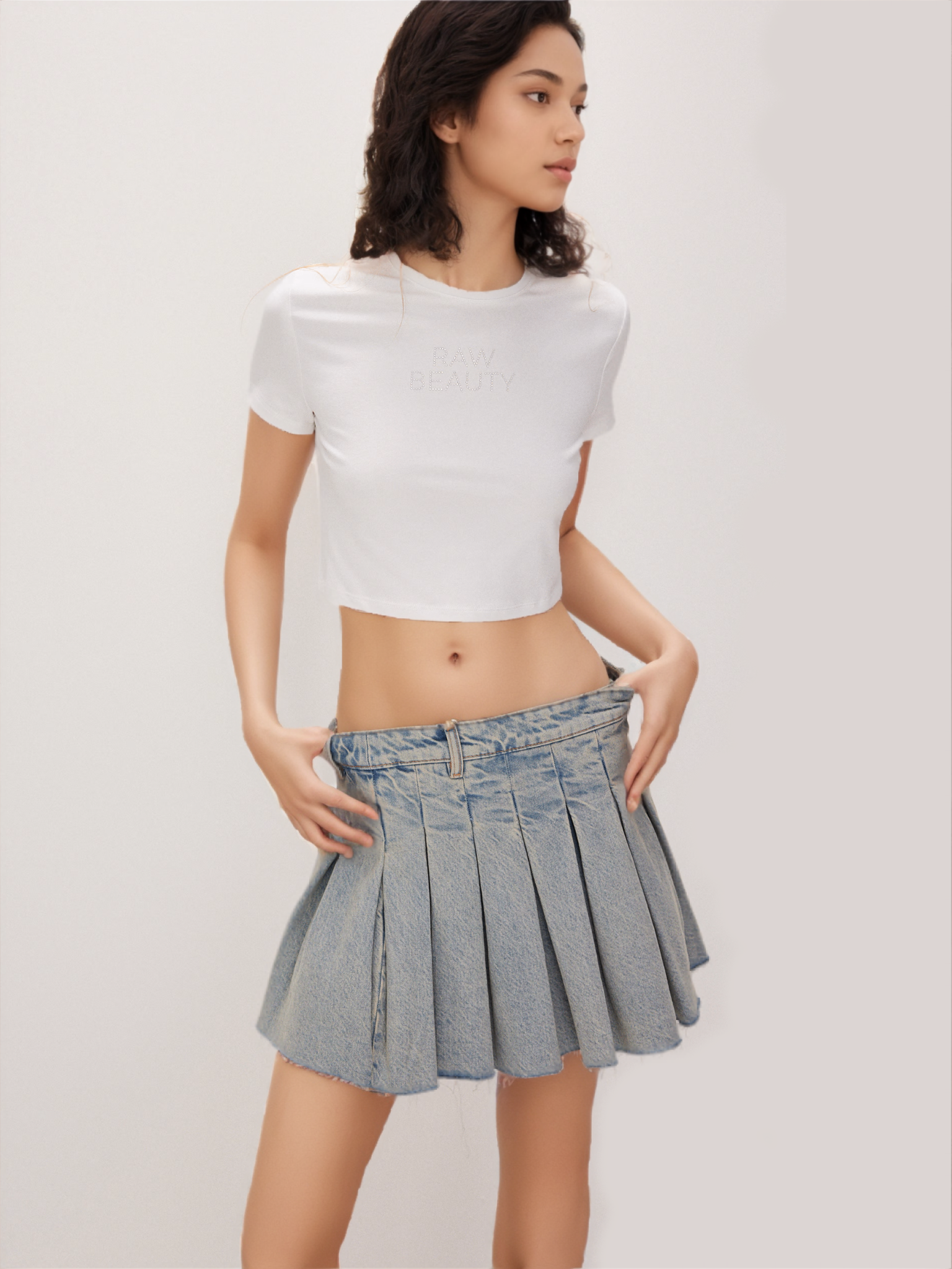 Stylish Pleated Women Mini Denim Skirt