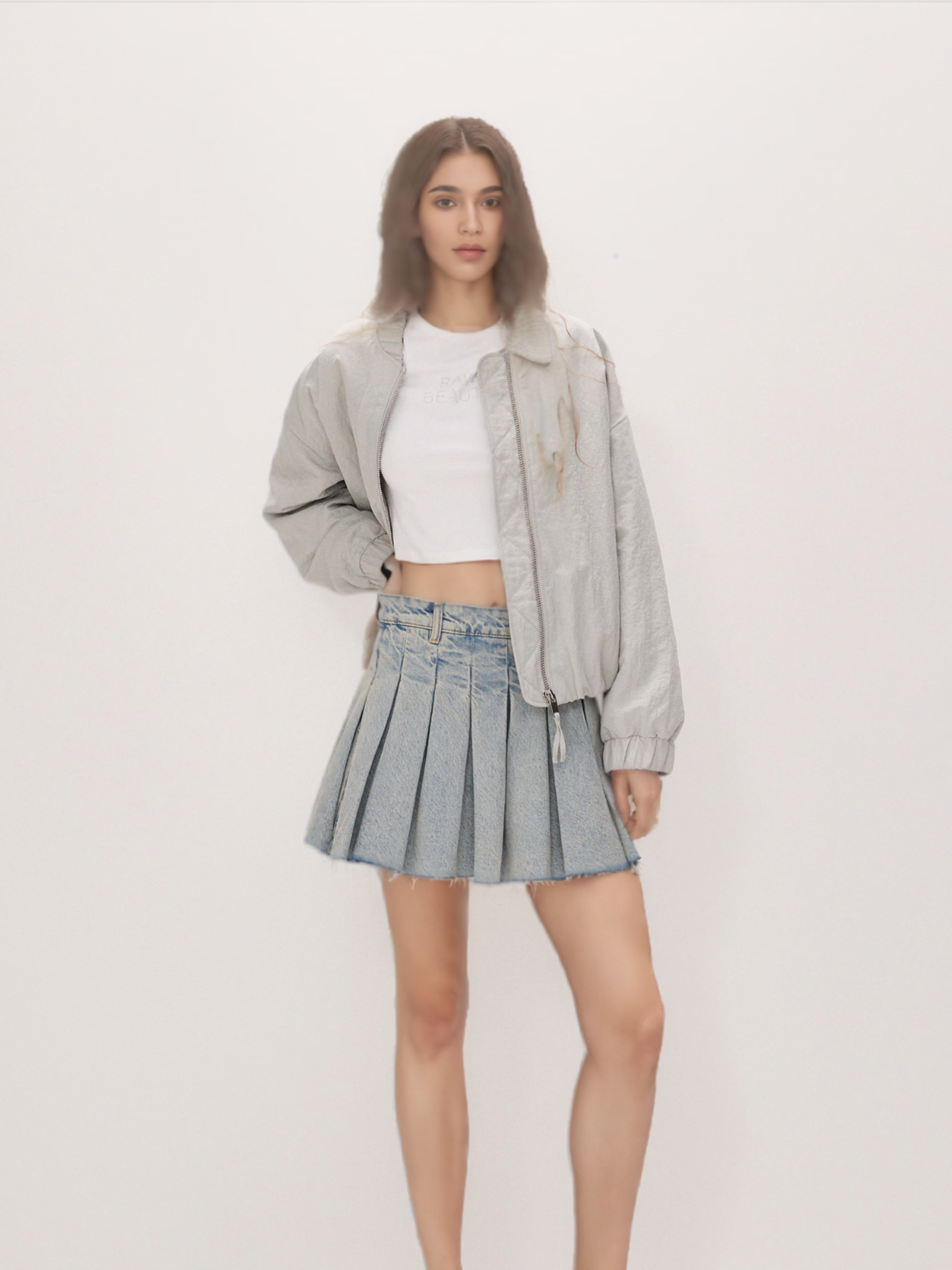 Stylish Pleated Women Mini Denim Skirt