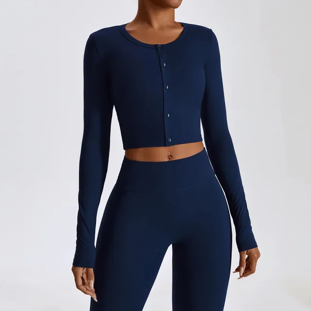 Button Long Sleeve Slim Tight Coat Quick Drying Sportwear Fitness Top