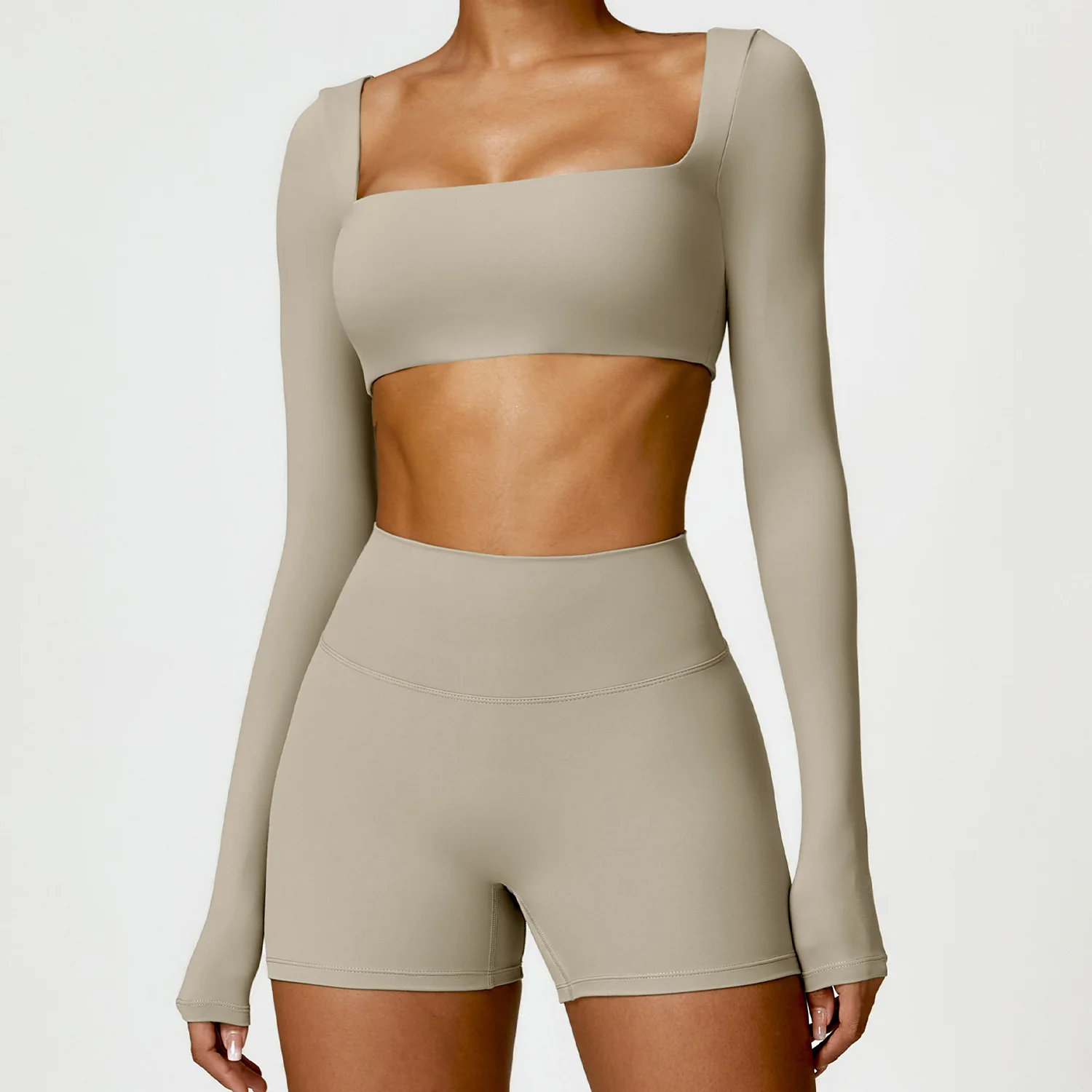 Sexy Square Neckline Elastic Yoga Long Sleeves Crop Top Gym Running Sportwear-Zieline