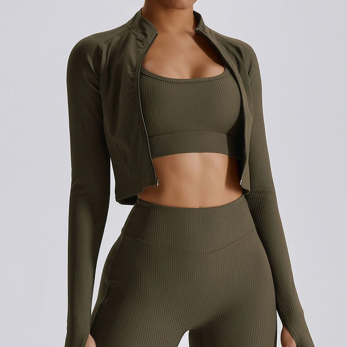 Full Zip-up Workout Running Fitness Jacket with Thumb Holes Stretchy Fitted  Crop Tops Activewear-Zieline