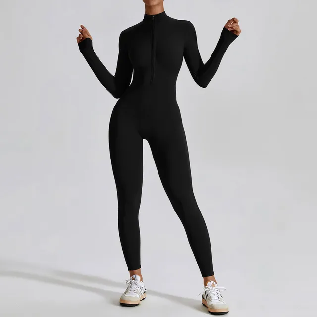 Zip-up O-neck Long Sleeve Jumpsuit Streetwear Overalls One Piece Fitness Sport Bodysuits