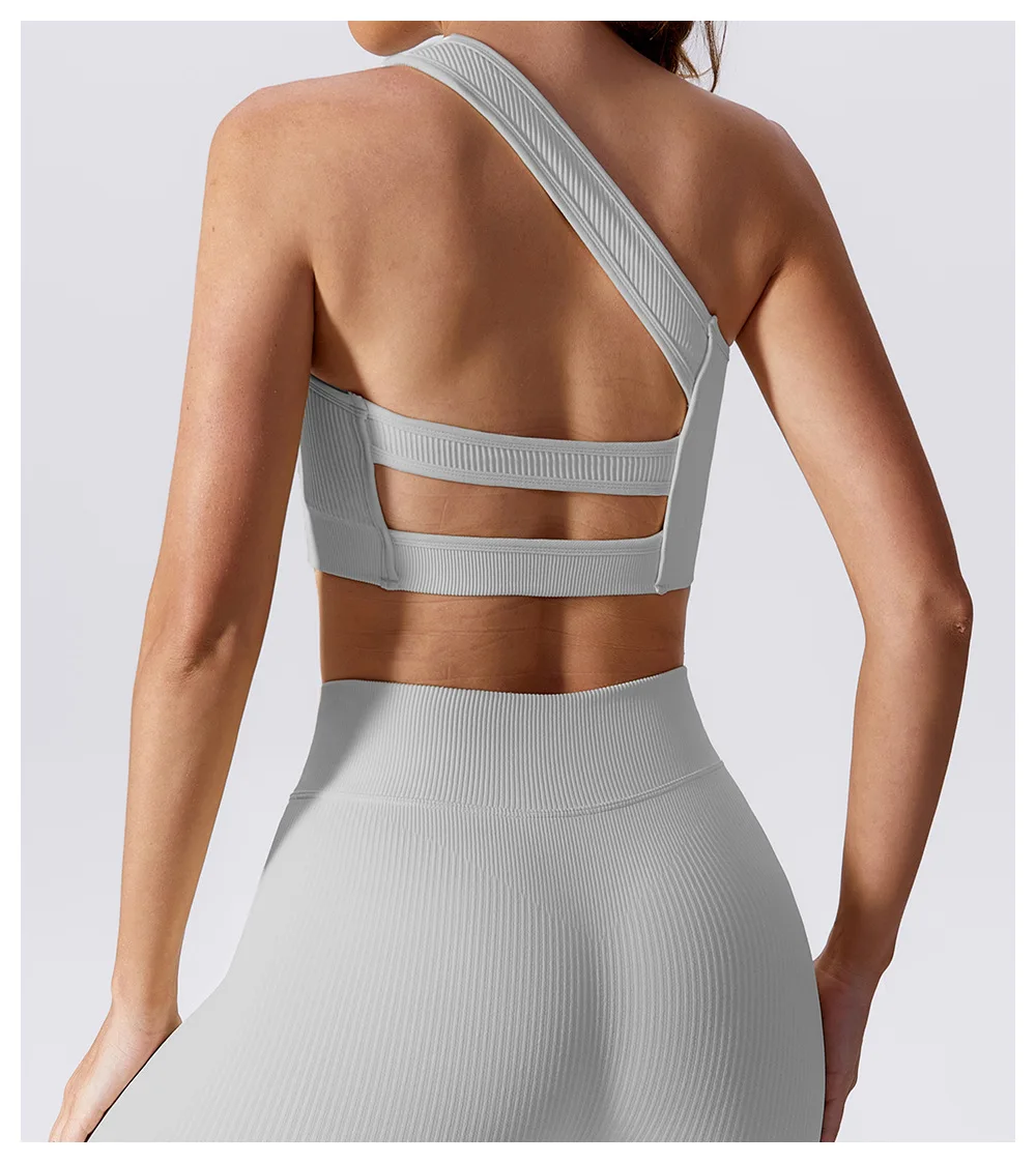 One Shoulder Ribbed  Hollow Out Open Back Yoga Top Sexy Lingerie Push-up Gym Bra