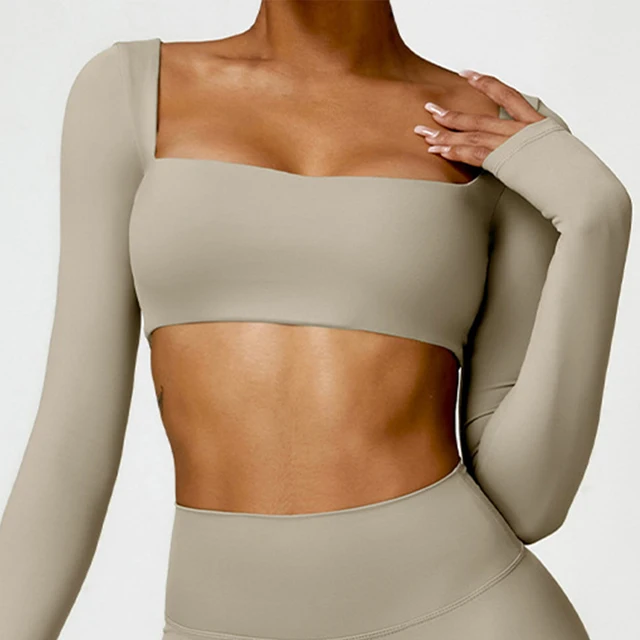 Sexy Square Neckline Elastic Yoga Long Sleeves Crop Top Gym Running Sportwear-Zieline