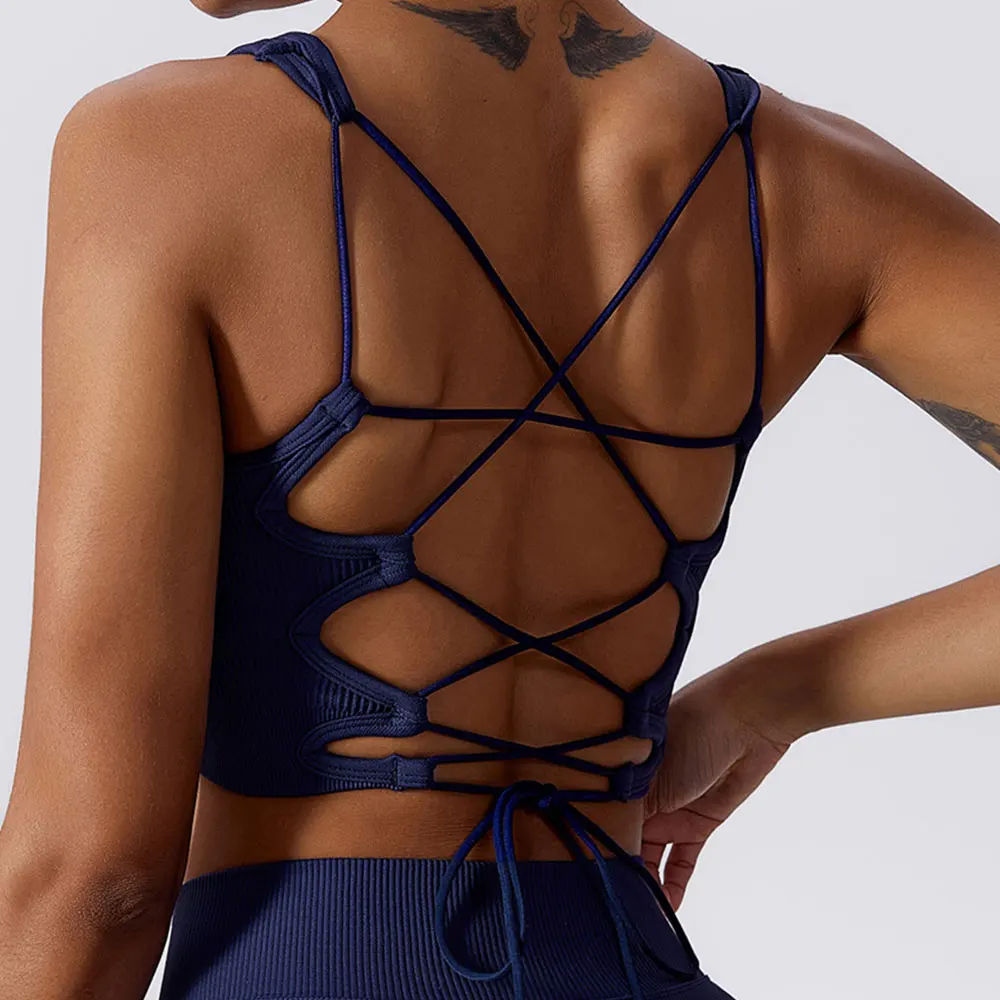 Breathable Criss Cross Gym Top Backless Seamless Bra Vest Bralette Push Up Bra