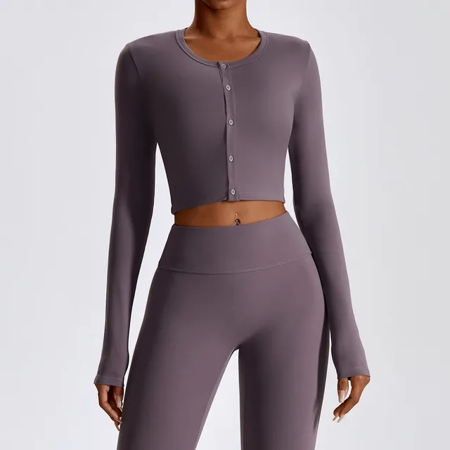 Button Long Sleeve Slim Tight Coat Quick Drying Sportwear Fitness Top