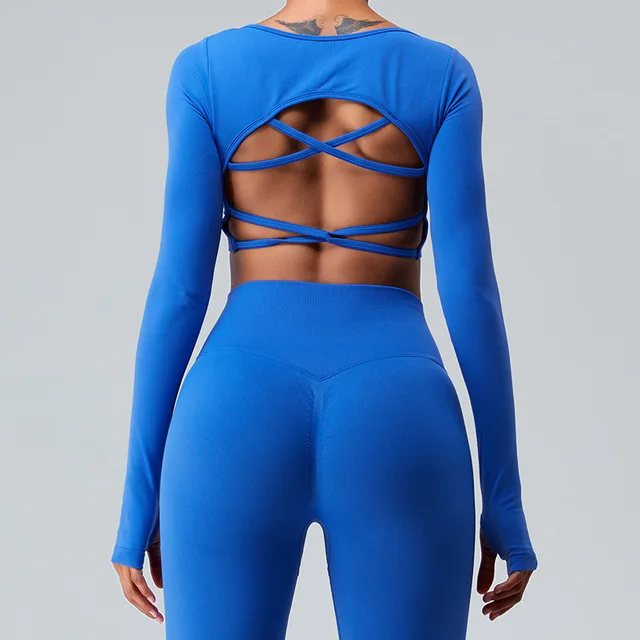 Sexy Back Cross Women Long Sleeve Shirt Yoga Quick Dry GymWorkout Crop Top -Zieline