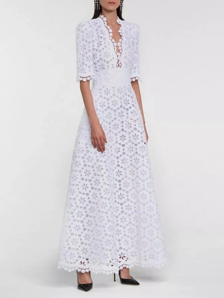 V Neck Half Sleeve High Waist Solid Temperament Slimming A Line Dress-Zieline