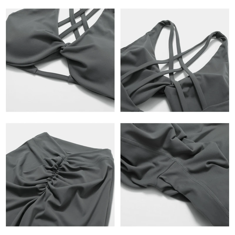 2Pcs Sports Set Women Quick-Drying Yoga Suit V Back Scrunch Flared Pants Gym Set -Zieline