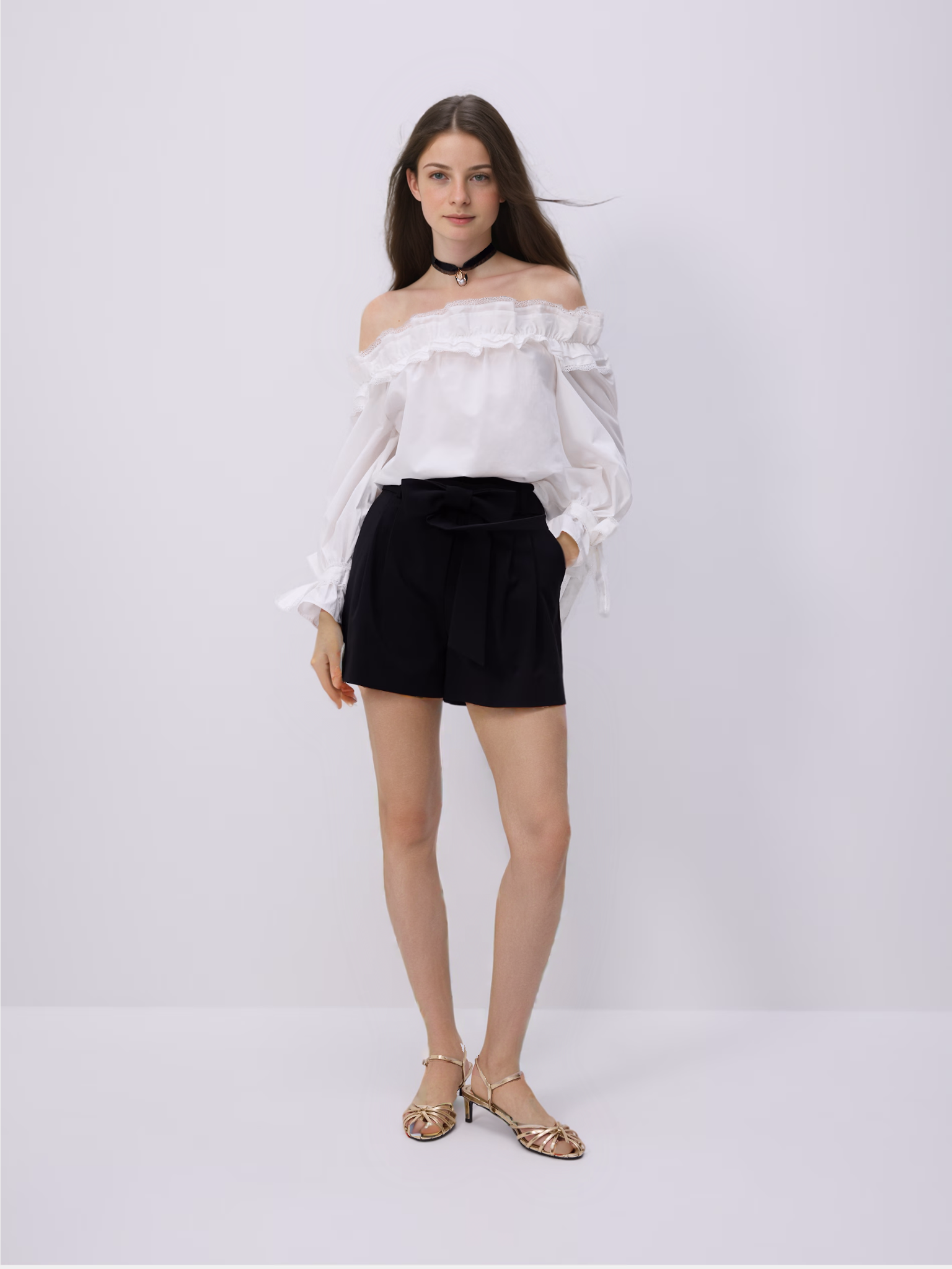 Cotton Casual Women's Shorts With Bow Belt Decoration