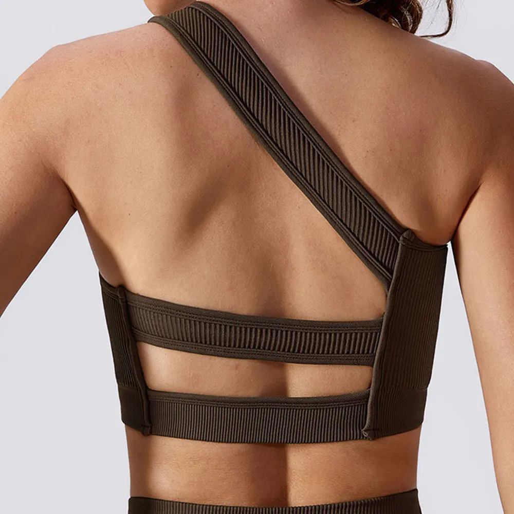 One Shoulder Ribbed  Hollow Out Open Back Yoga Top Sexy Lingerie Push-up Gym Bra
