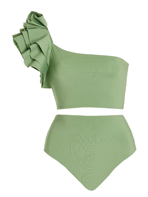 One Shoulder Ruffle Two Piece Swimsuits Sexy Swimwear Bathing Suit Beachwear-Zieline
