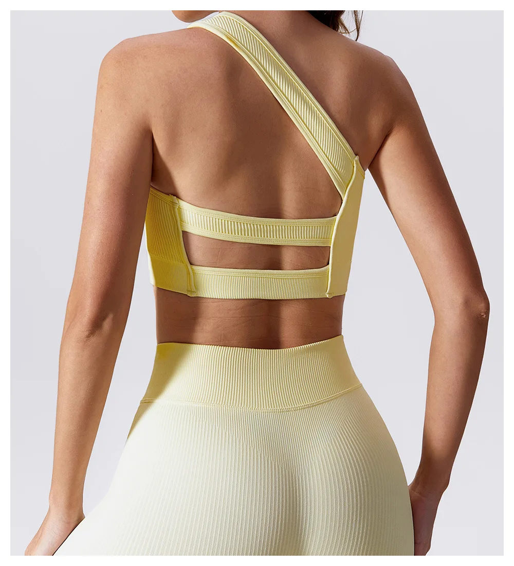 One Shoulder Ribbed  Hollow Out Open Back Yoga Top Sexy Lingerie Push-up Gym Bra