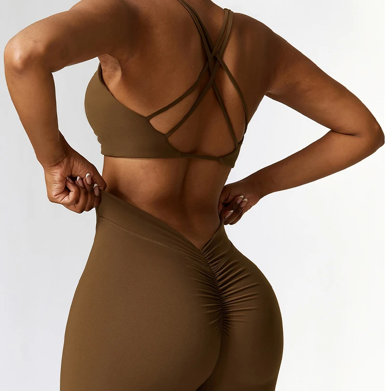 2Pcs Sports Set Women Quick-Drying Yoga Suit V Back Scrunch Flared Pants Gym Set -Zieline