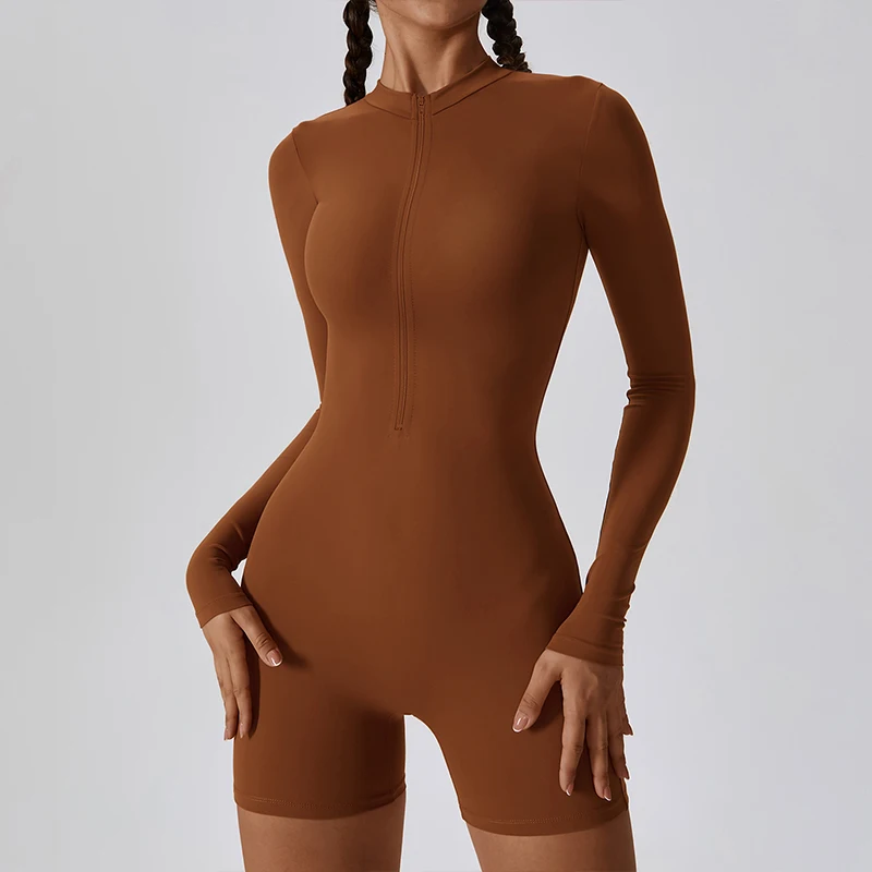  Zipper Training Long Sleeve Yoga Clothes Sportswear Bodycon Jumpsuits -Zieline