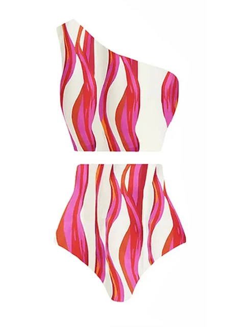 One Shoulder Striped Two Piece Swimsuit and Pants Women's Sexy Bikini Set Vacation Beachwear