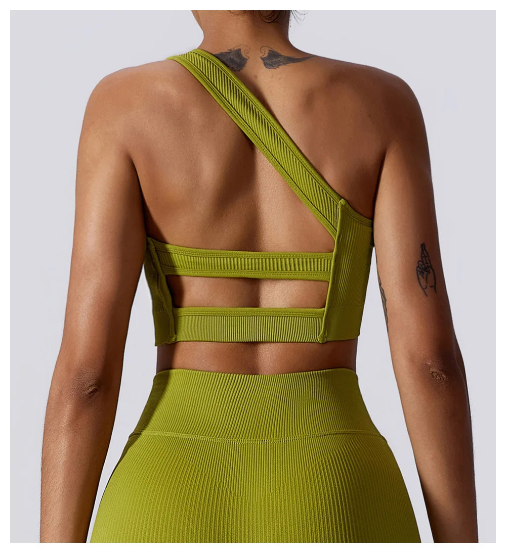 One Shoulder Ribbed  Hollow Out Open Back Yoga Top Sexy Lingerie Push-up Gym Bra