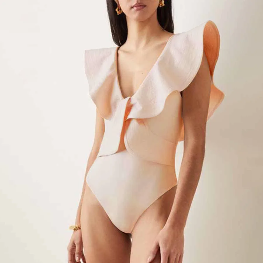 Ruffle One-Piece Swimsuits Cover-Up Set Women Sexy V-Neck Bikini Swimwear-Zieline